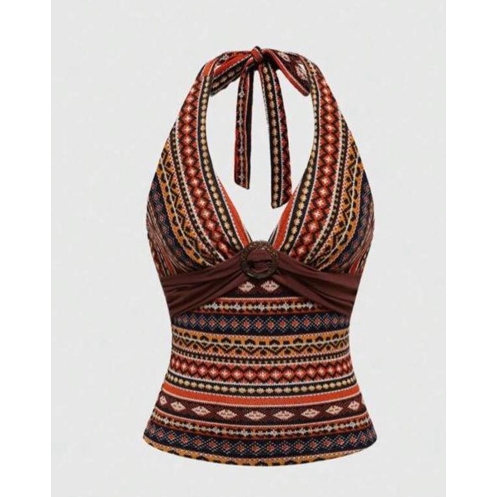 Unbranded Halter Top Womens S Brown Geometric Boho O-Ring Empire Waist Knit